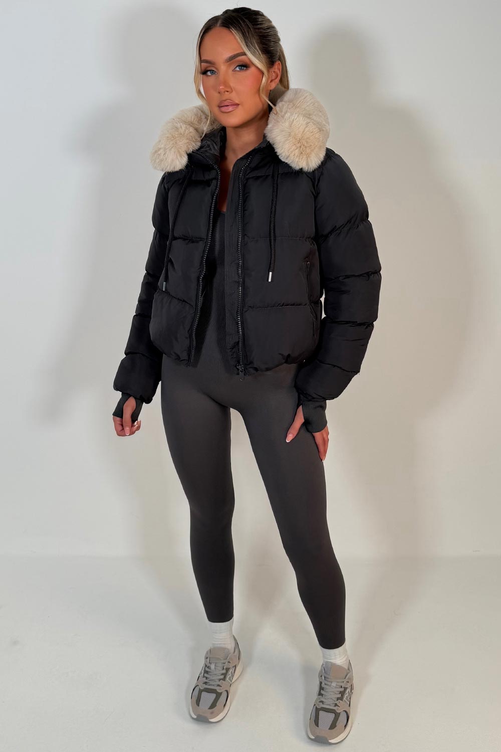 womens winter faux fur hood puffer jacket charcoal grey uk