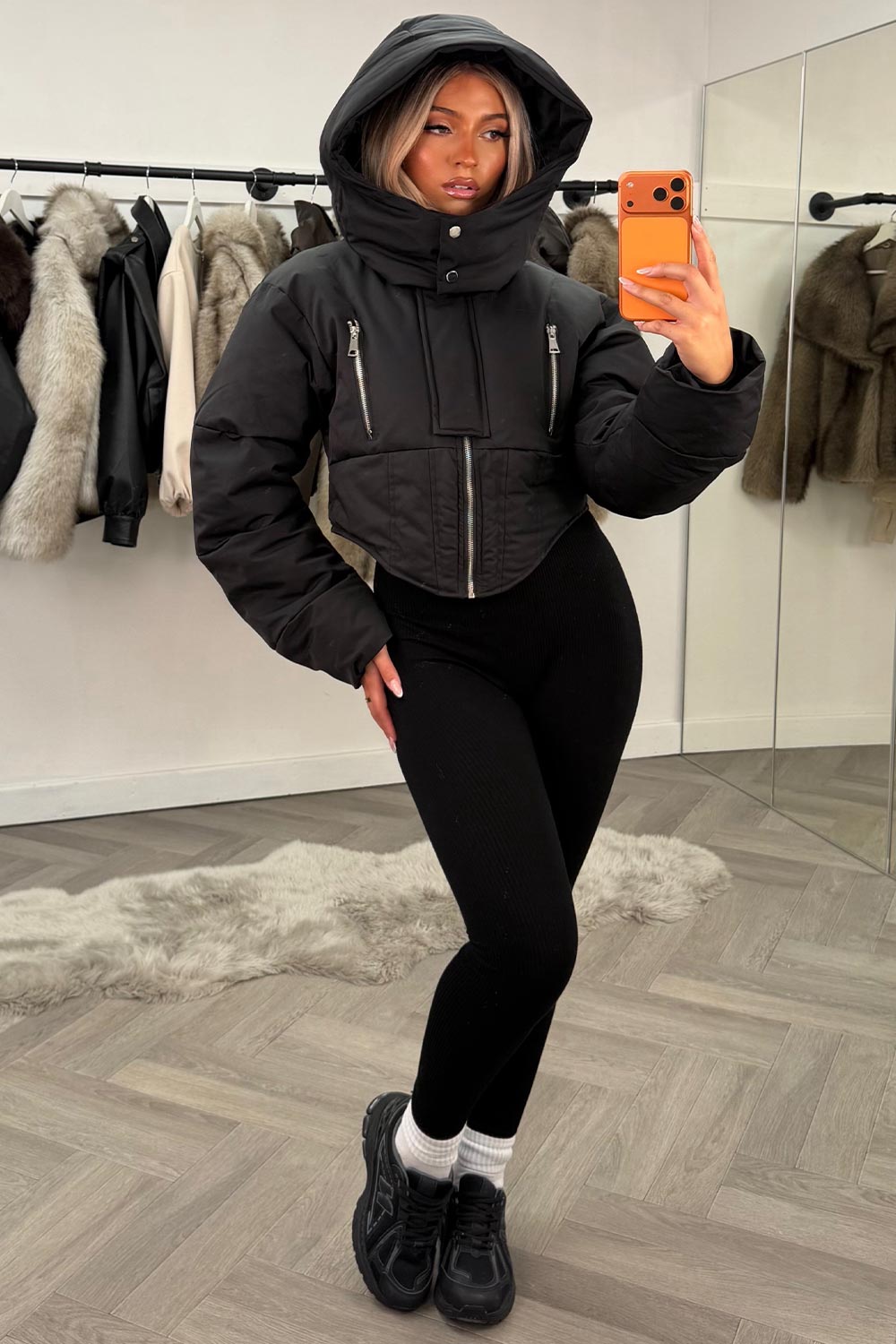 womens padded puffer hooded winter jacket with funnel neck styledup uk