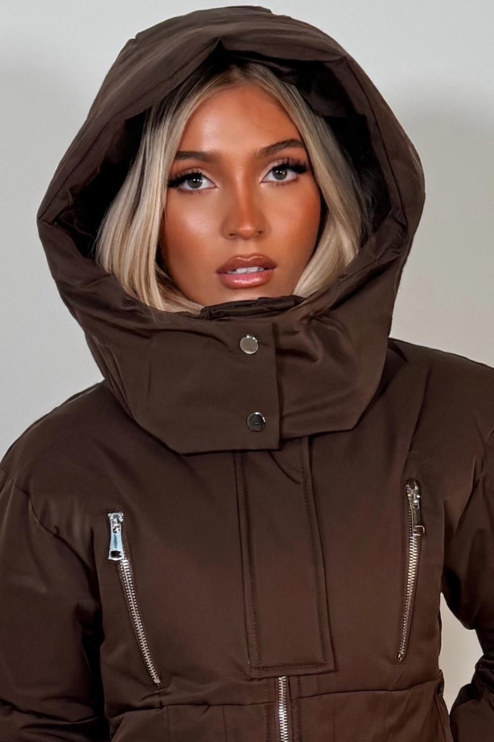 womens puffer padded winter jacket with funnel neck styledup uk