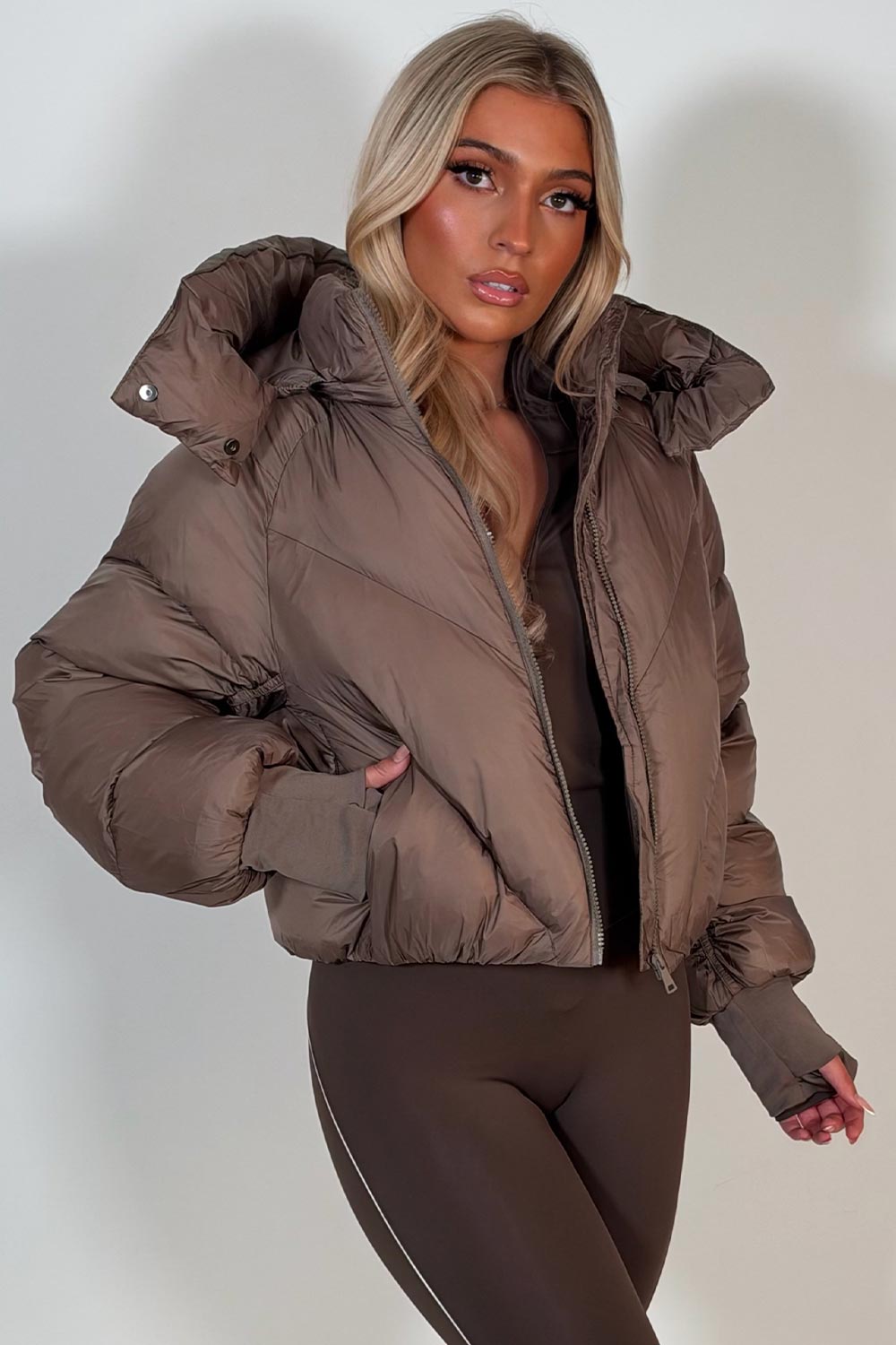 puffer padded quilted winter jacket with hood and thumb holes