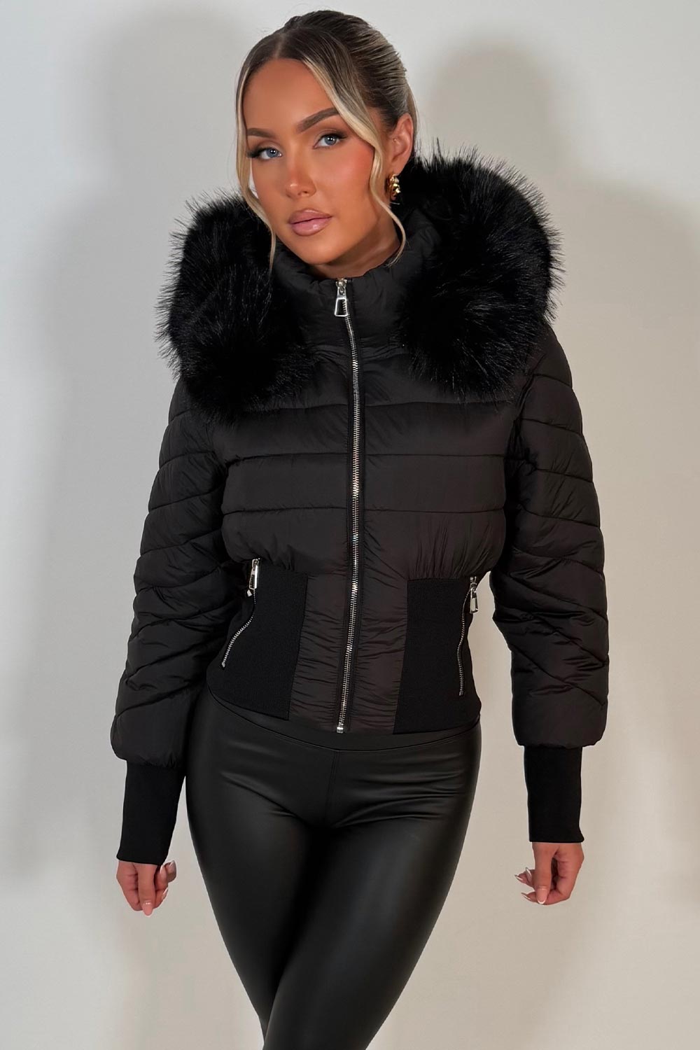 faux fur hood padded puffer jacket with cinched waist womens winter ski outerwear styledup uk