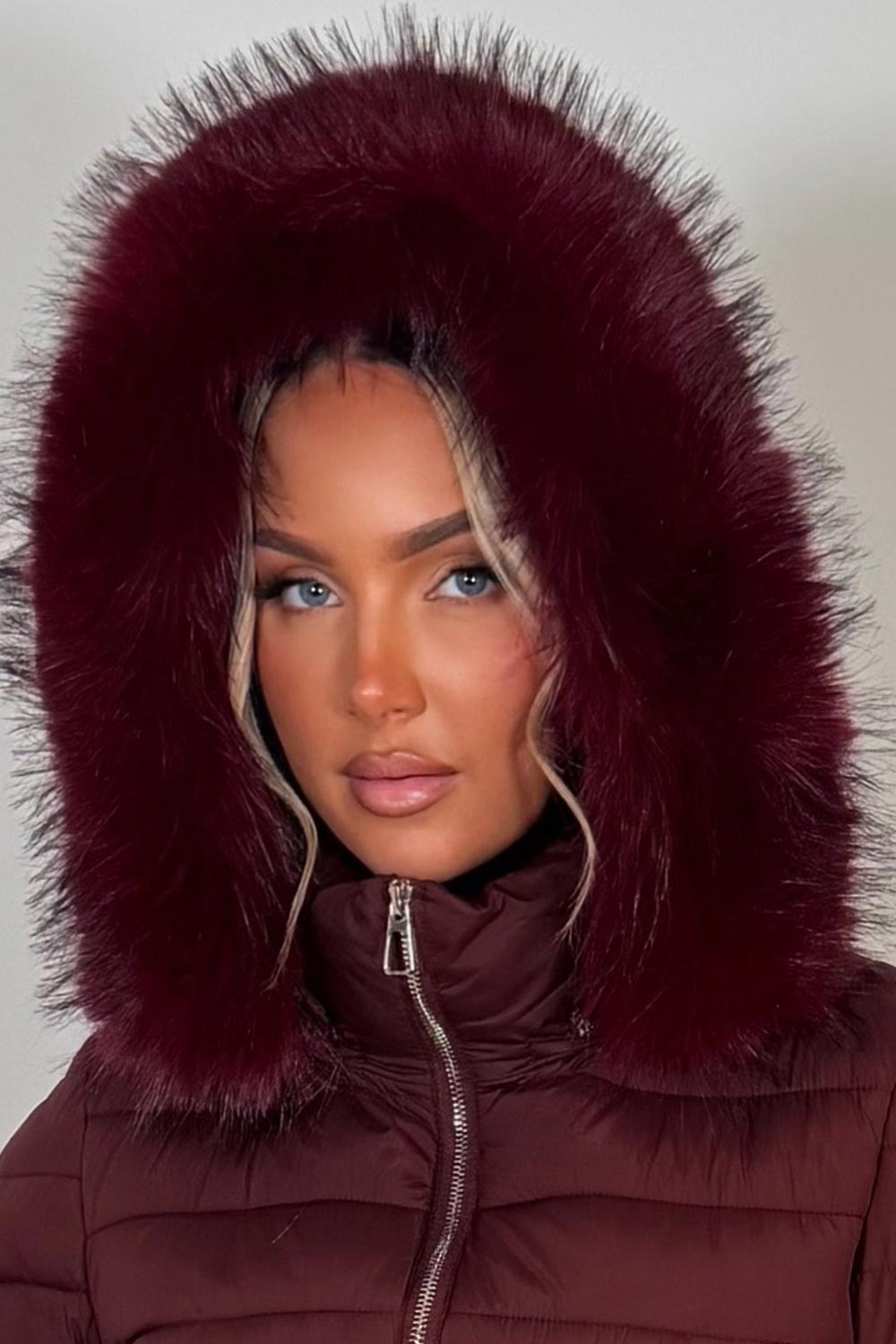 faux fur hooded padded puffer jacket burgundy styledup uk