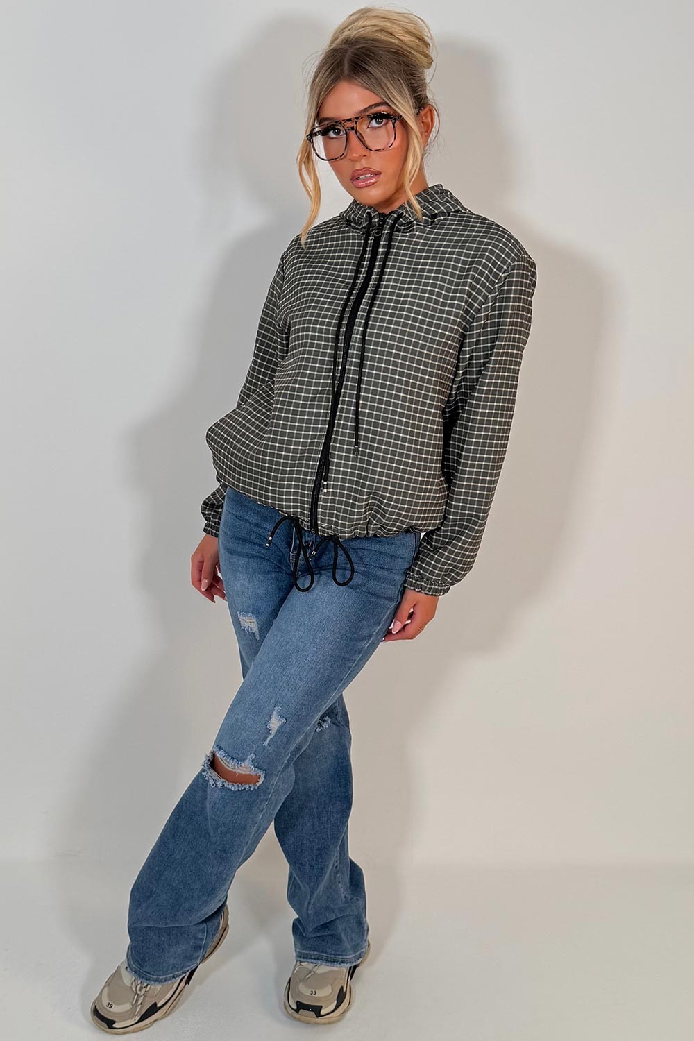 womens hooded windbreaker jacket check print stradivarius uk