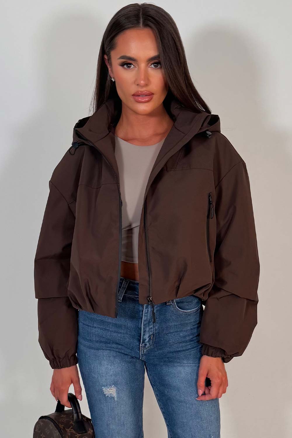 brown hooded padded crop jacket womens styledup uk weather resistant