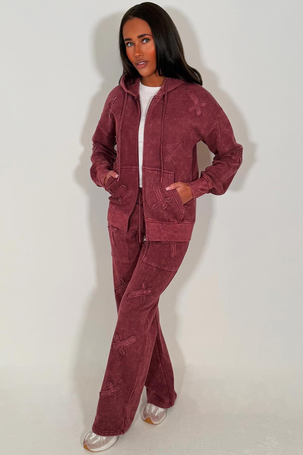 womens distressed cross zip hoodie and joggers set loungewear burgundy acid wash styled up tracksuit