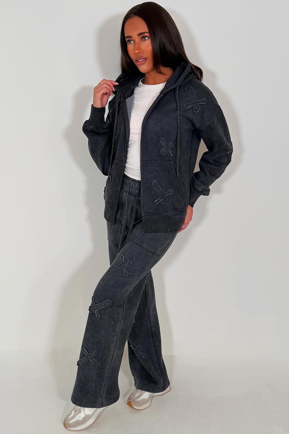 womens distressed cross zip hoodie and joggers set loungewear charcoal grey acid wash styled up tracksuit