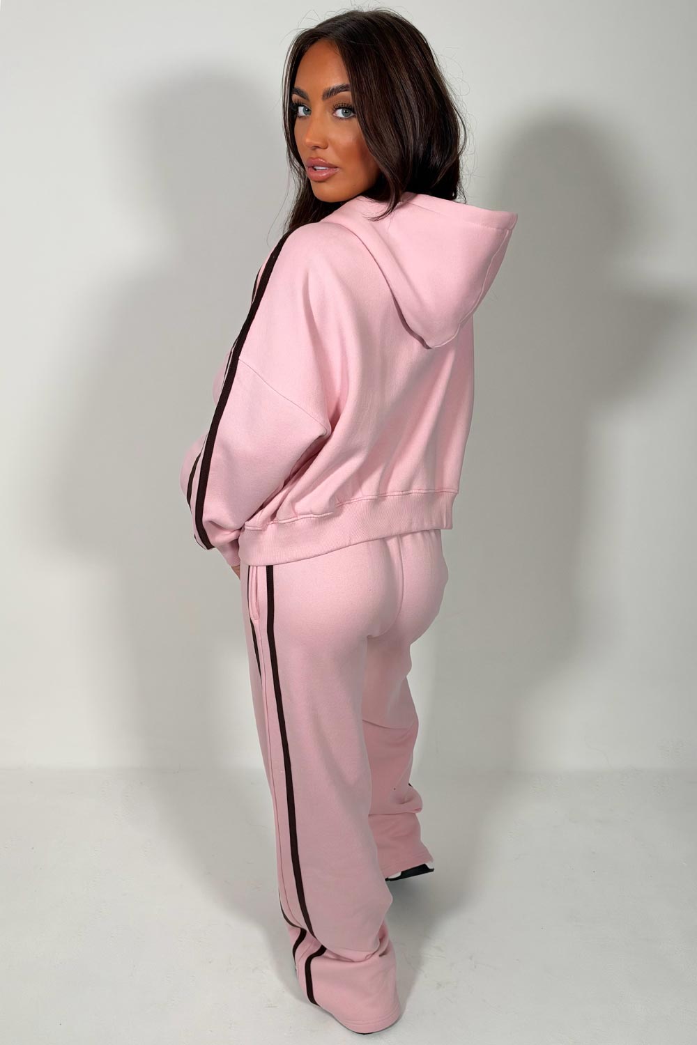 Pink Zip Up Hoodie & Joggers Tracksuit Co Ord Set With Side Stripes