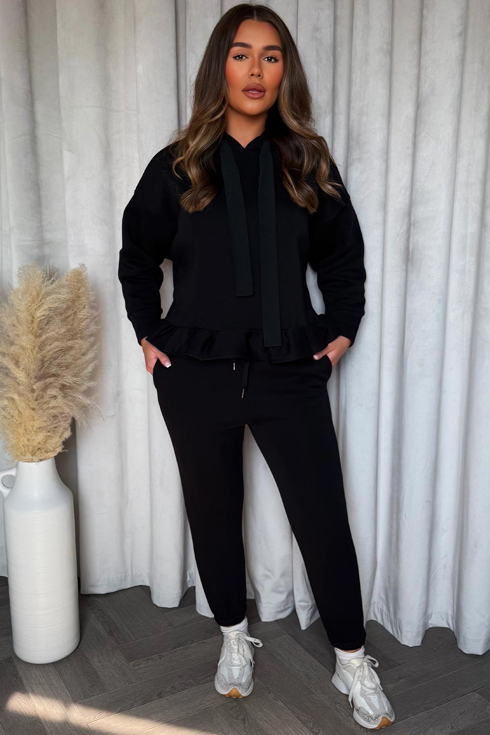 womens peplum frill hooded sweatshirt and joggers two piece loungewear co ord set