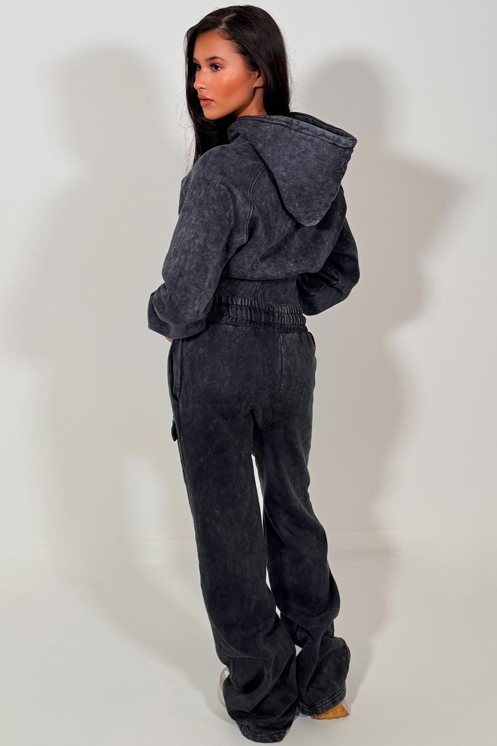 crop zip through hoodie and wide leg joggers tracksuit set styledup