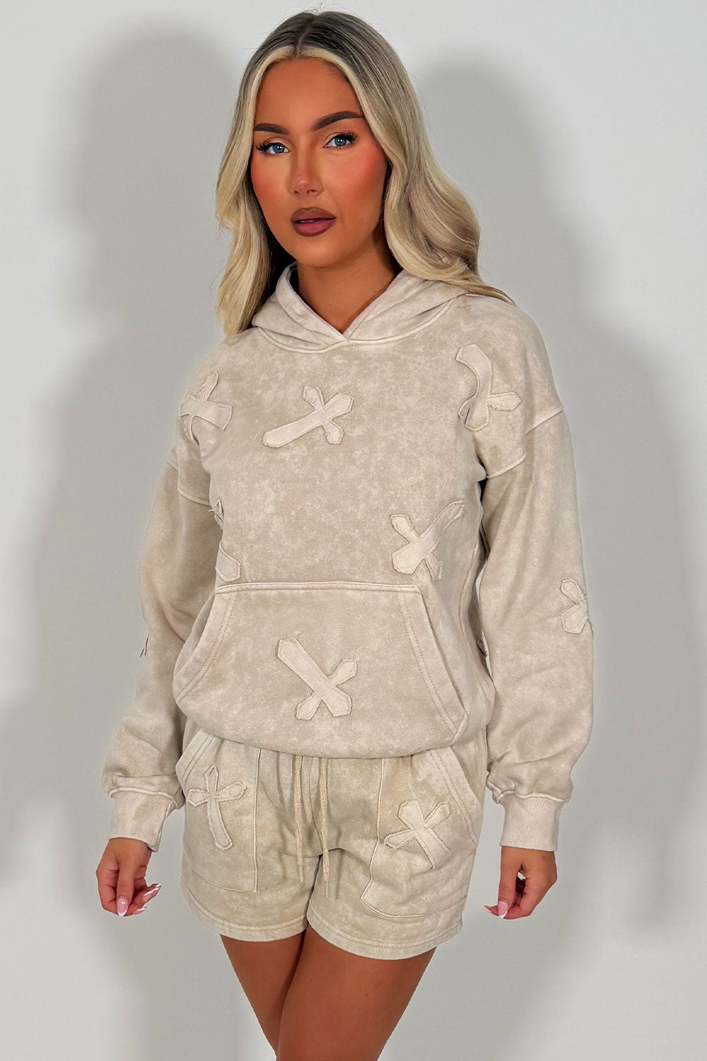 womens summer shorts tracksuit hoodie and shorts co ord with cross applique styledup whitefox uk