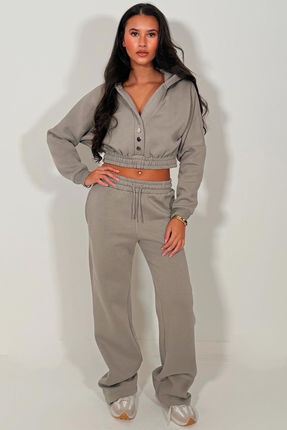 button up crop hoodie and joggers tracksuit co ord set womens casual airport outfit styledup