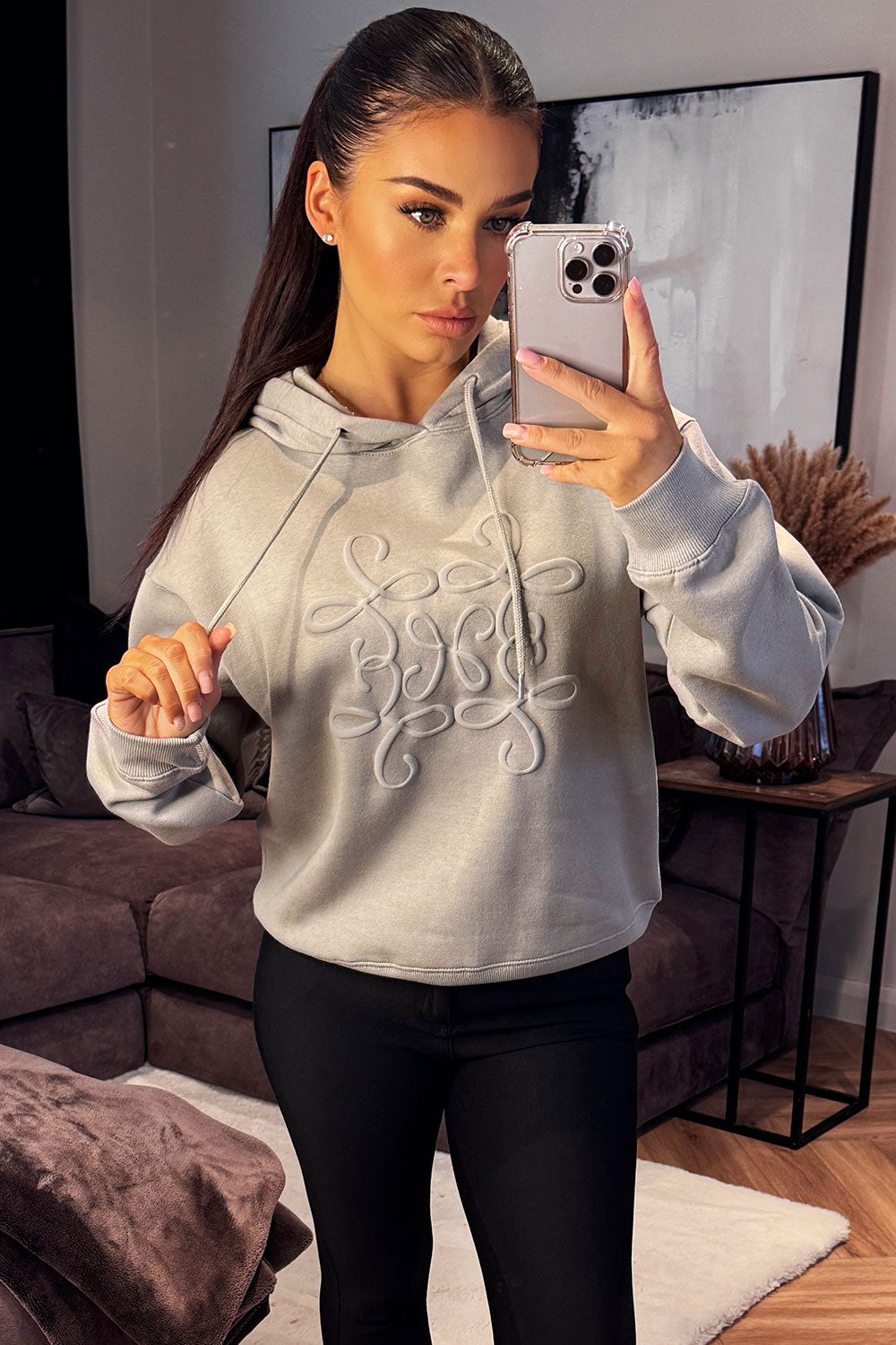 Hoodie With Swirl Embossed Detail Dove Grey