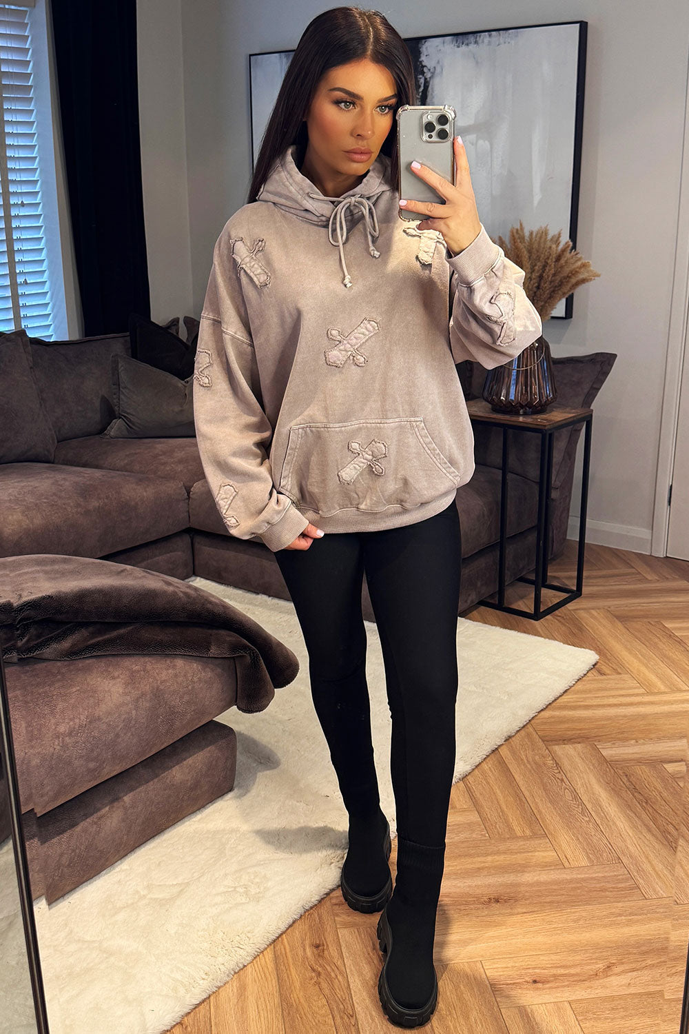 acid wash hoodie with crosses oversized fit