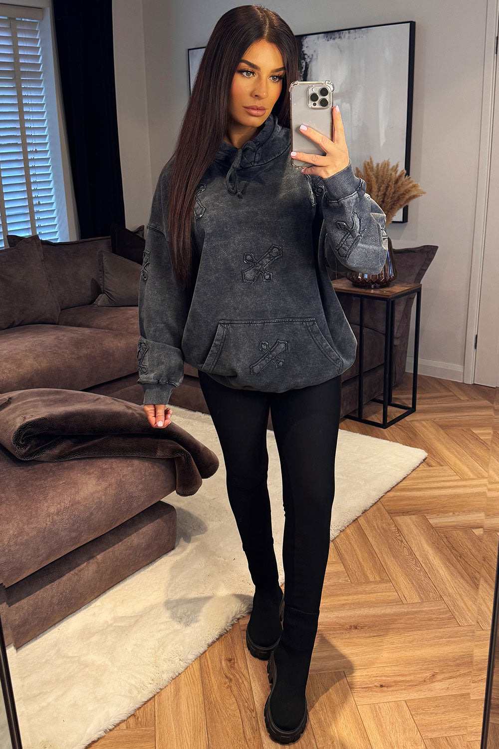 acid wash hoodie with crosses oversized fit