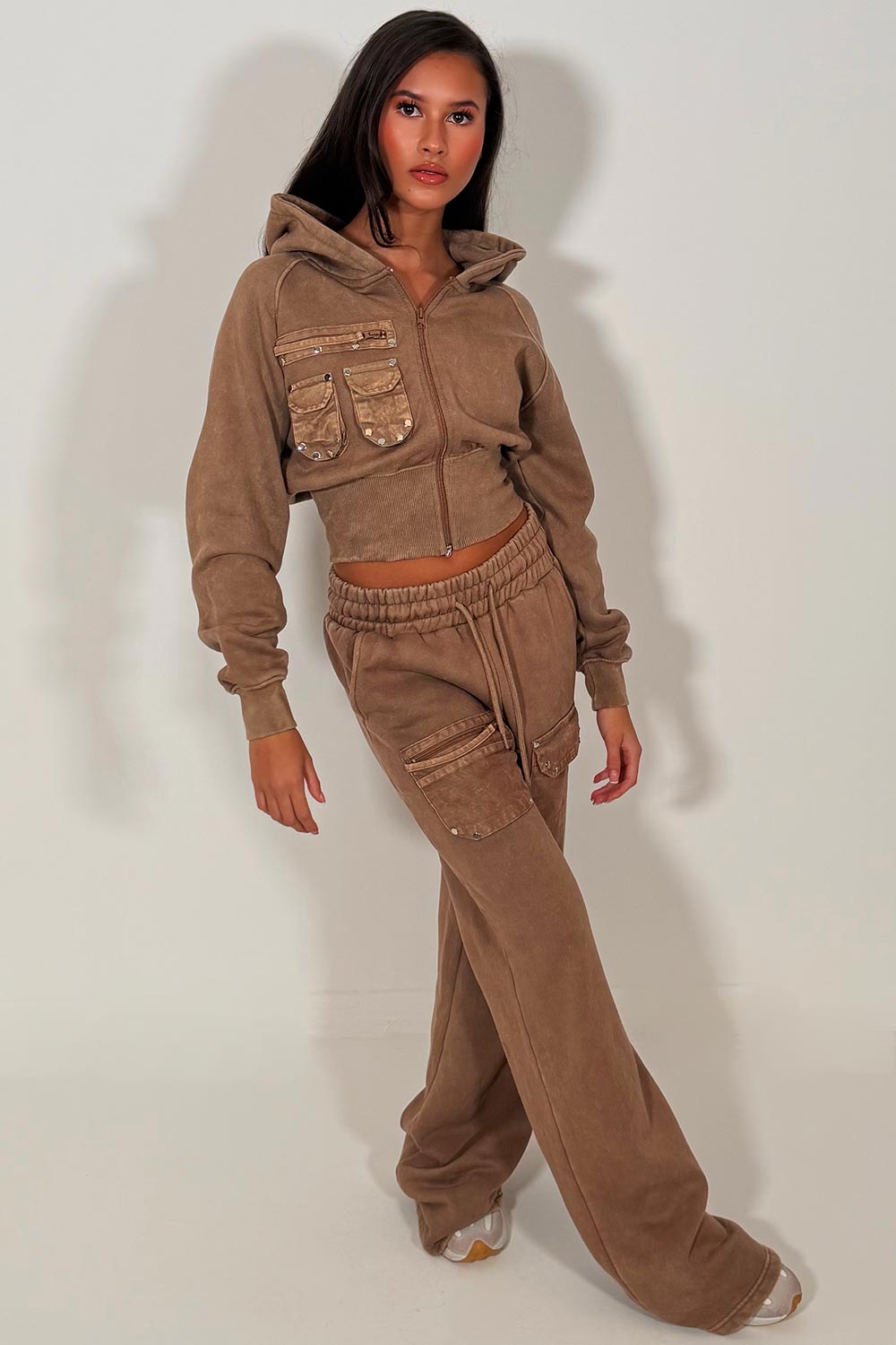 womens crop zip up hoodie and wide leg joggers tracksuit lounge set airport outfit styledup