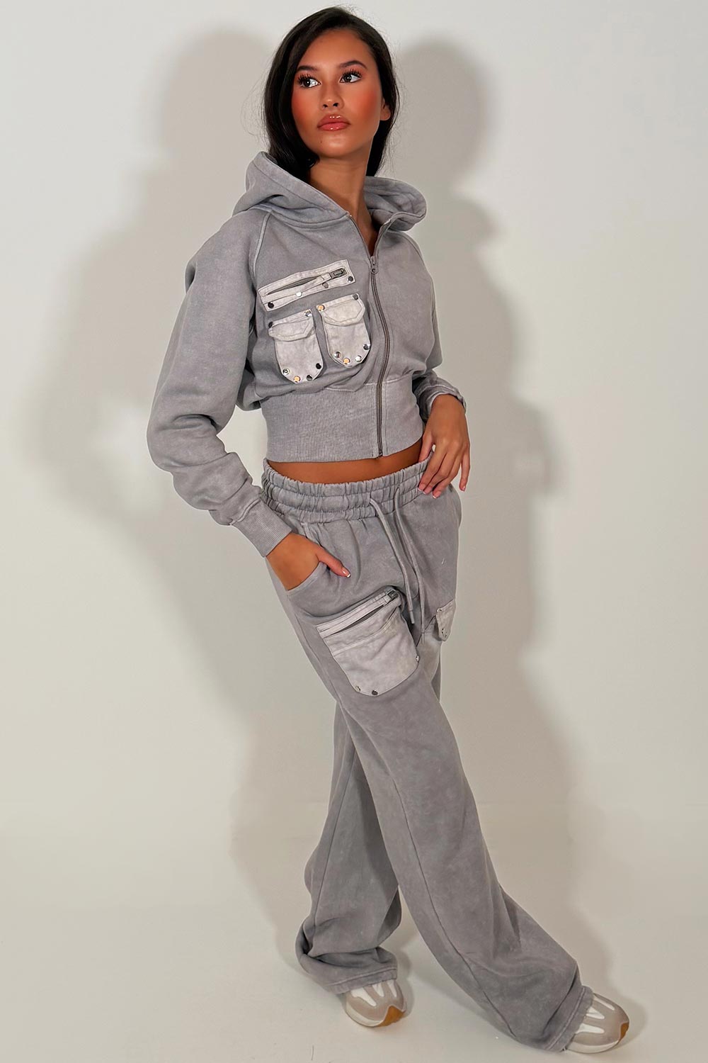 womens crop zip up hoodie and wide leg joggers tracksuit lounge set airport outfit styledup
