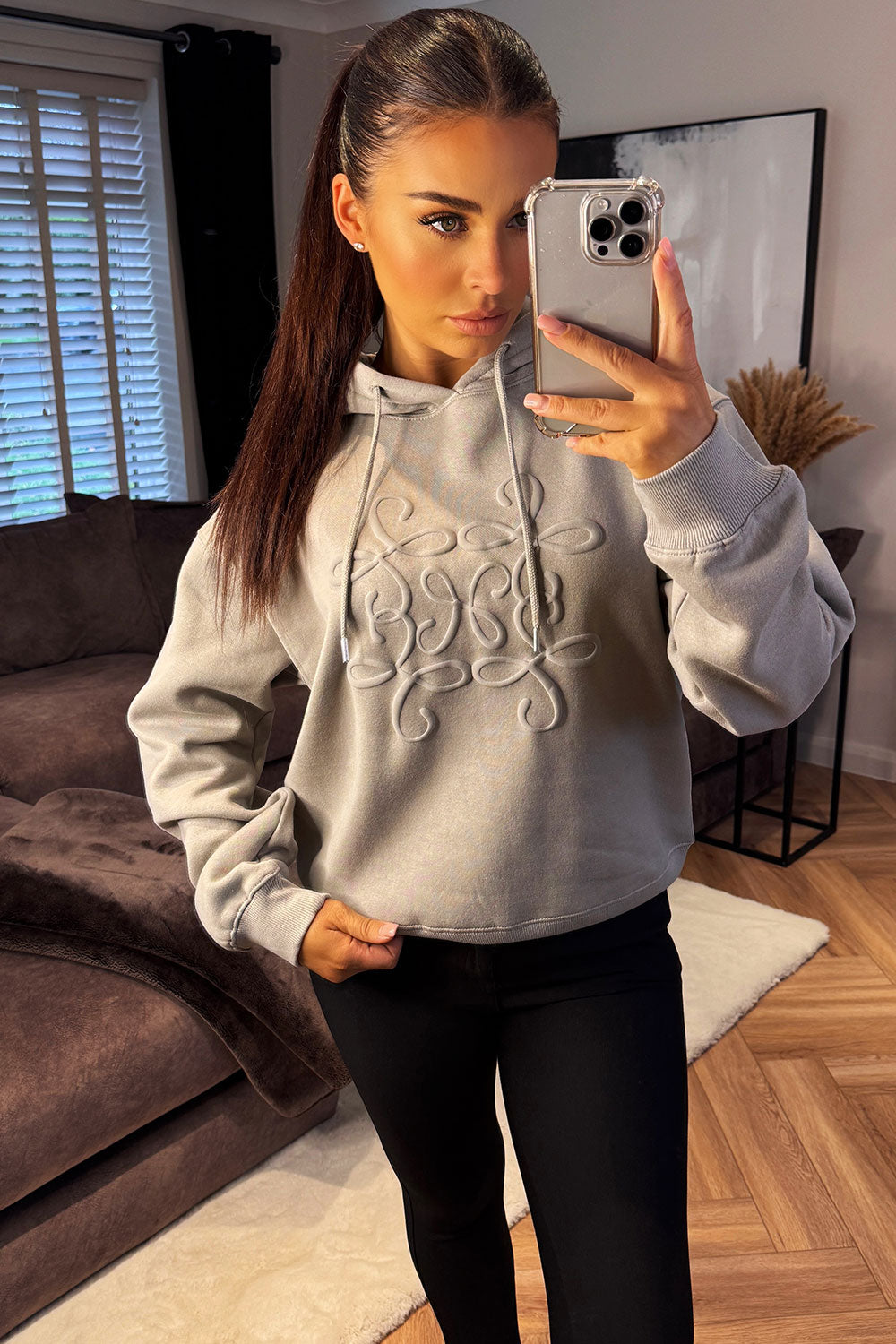 Hoodie With Swirl Embossed Detail Dove Grey