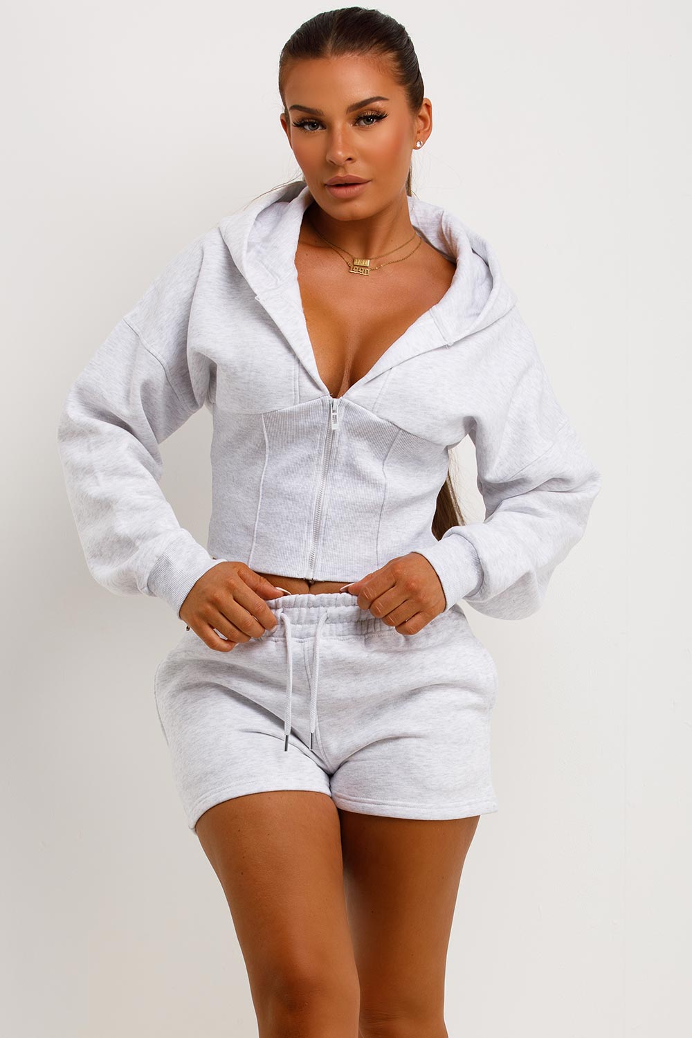 womens crop corset hoodie and shorts tracksuit set styledup