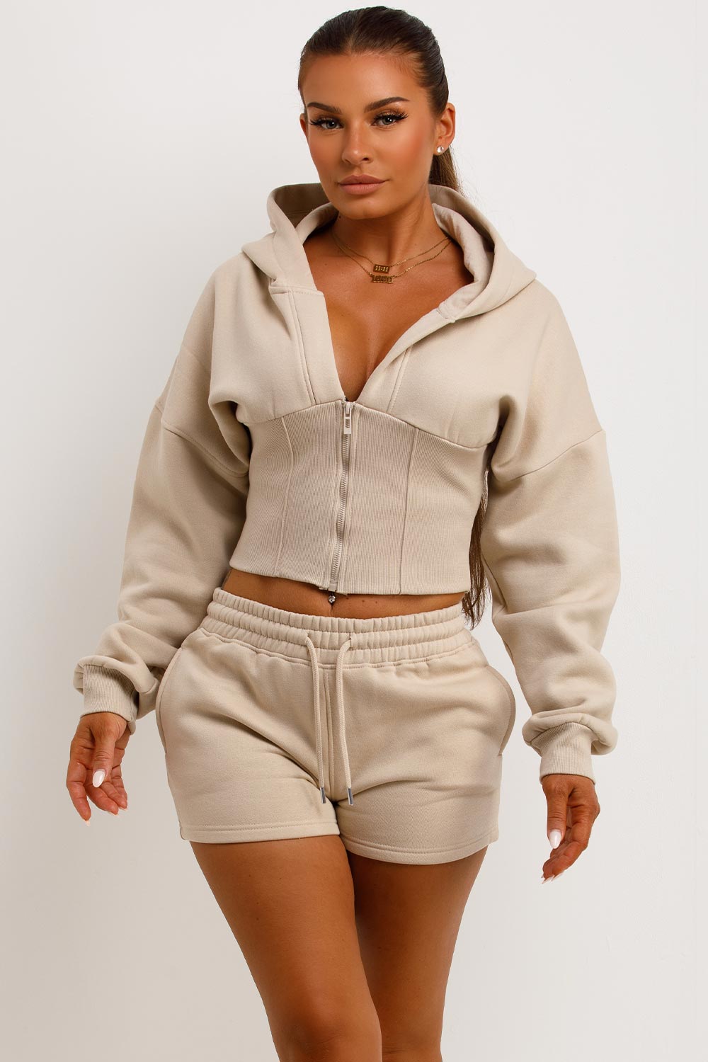 womens crop corset hoodie and shorts tracksuit set styledup