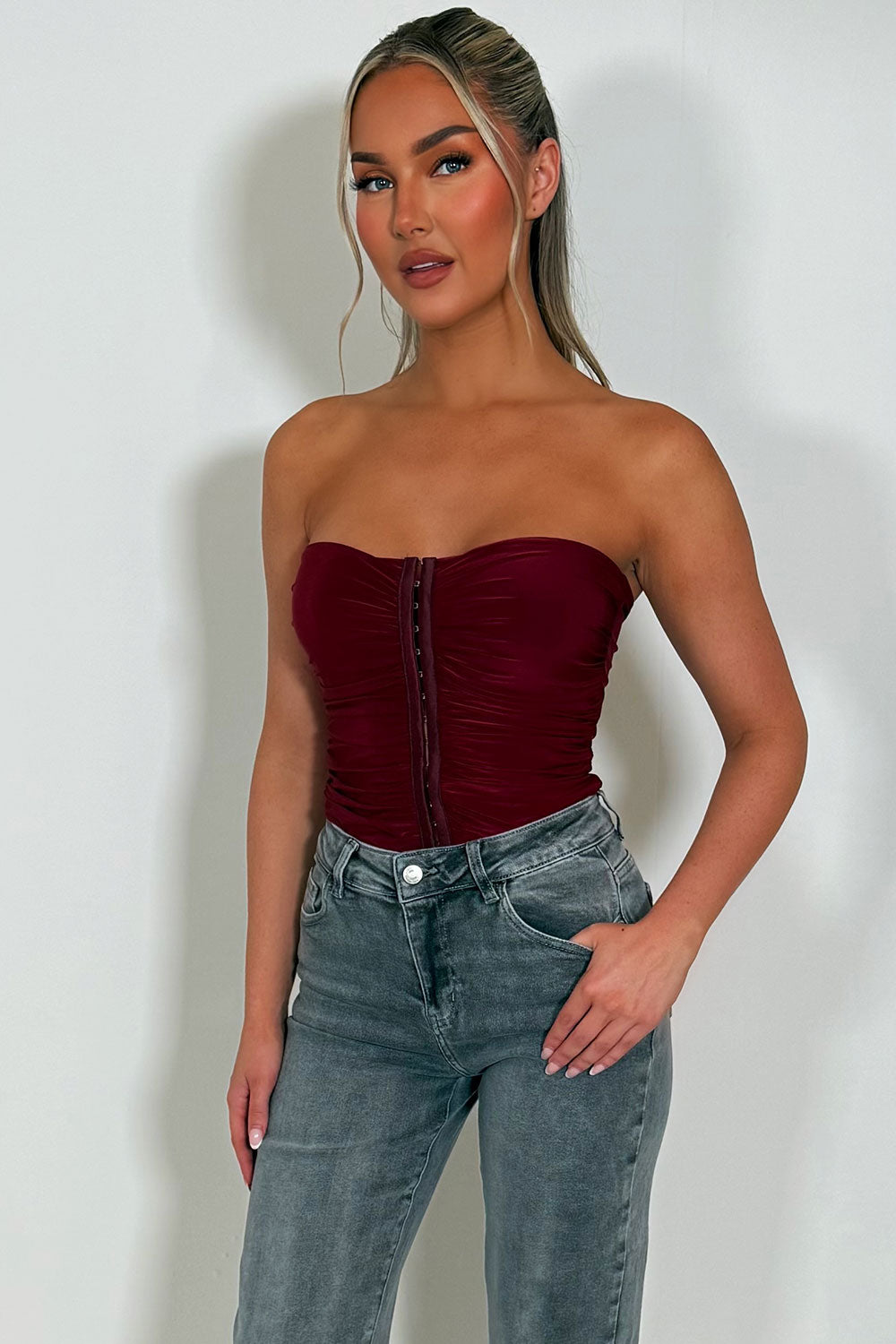 burgundy hook and eye corset top