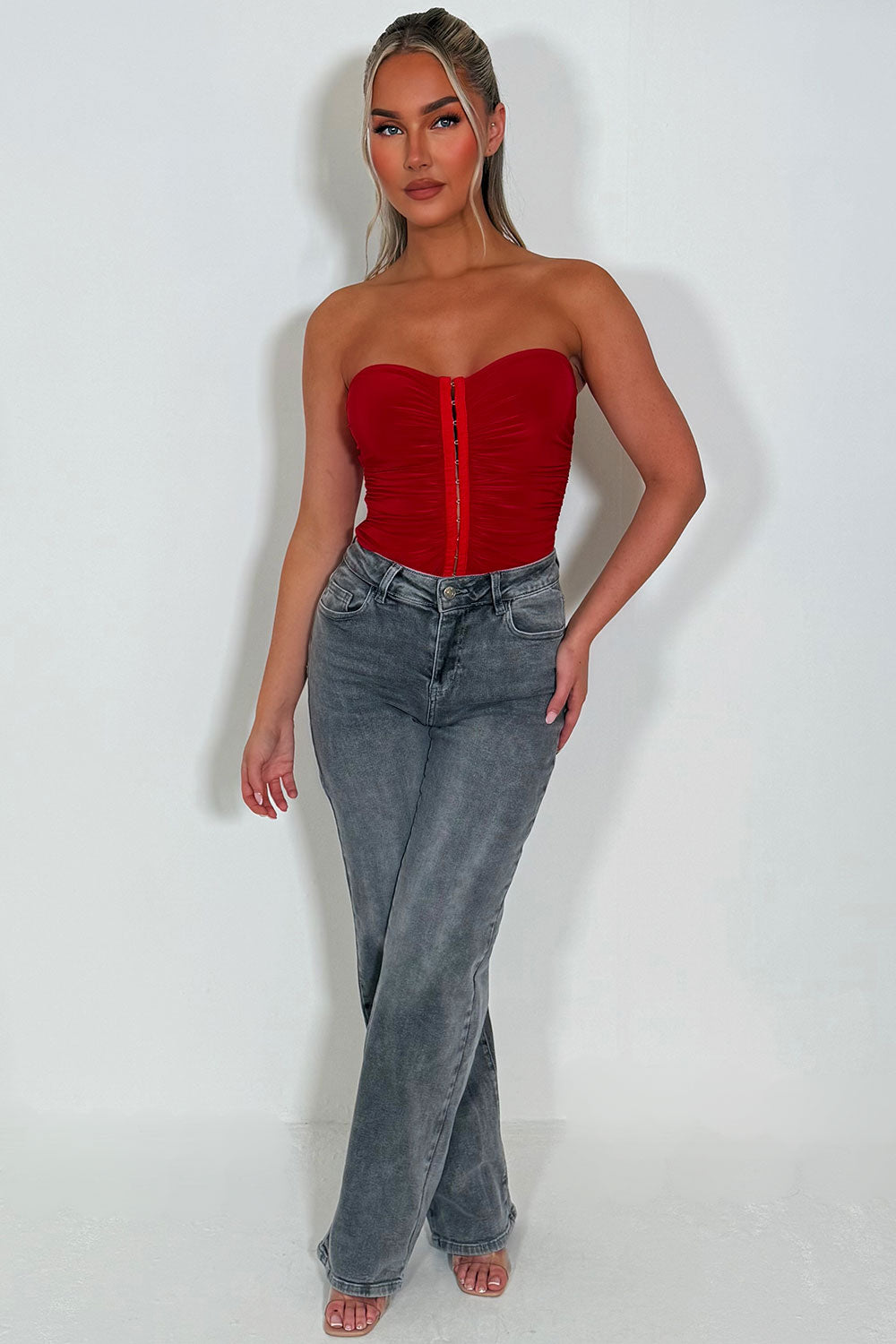 red hook and eye corset top with strapless bardot neckline