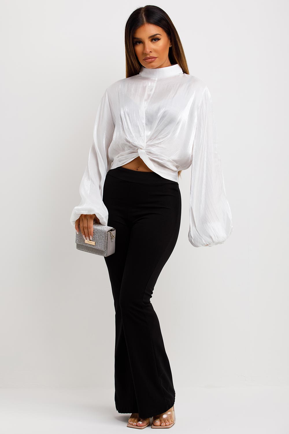 womens satin long bell sleeve going out party top