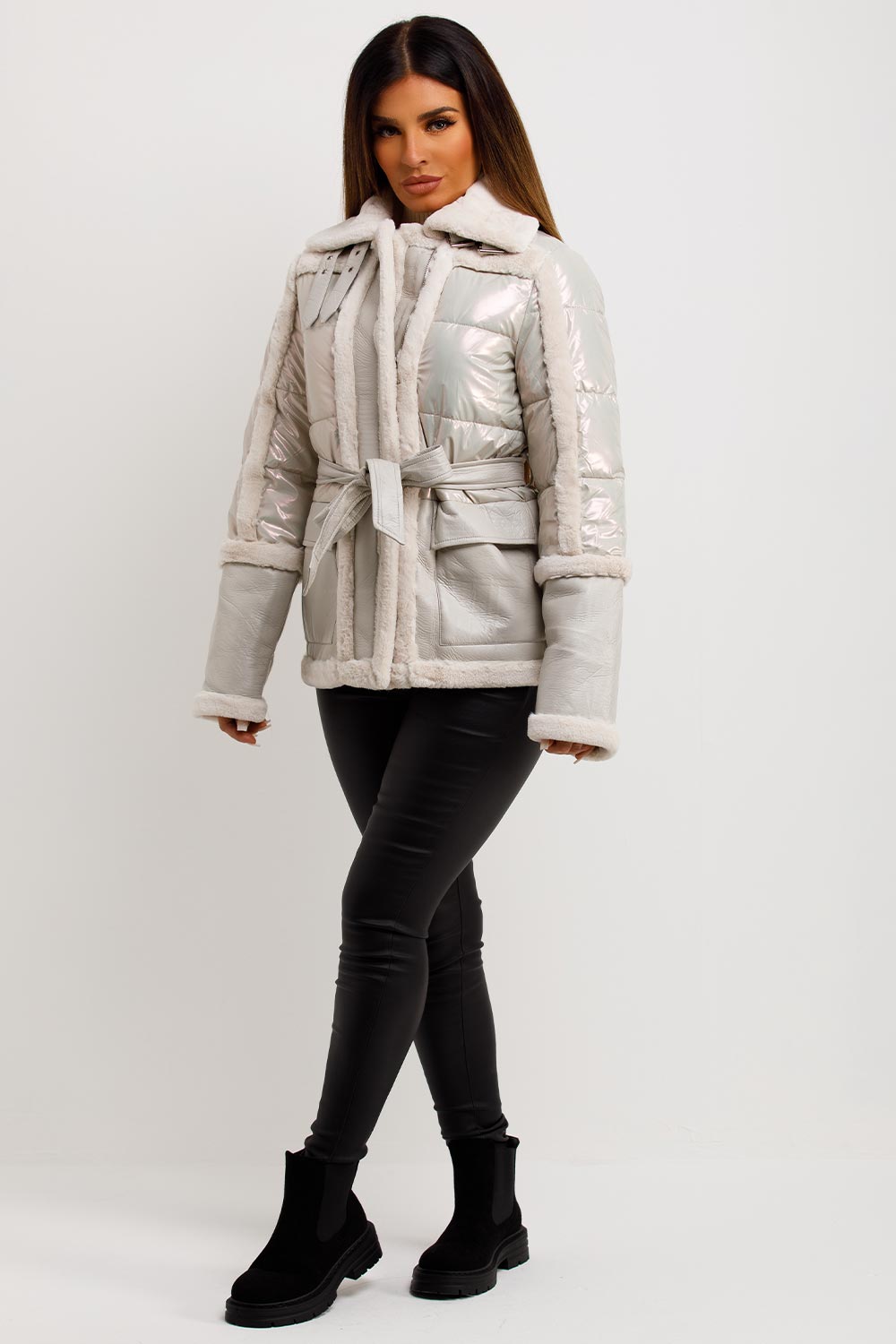 womens padded puffer faux suede faux fur jacket with belt outerwear sale