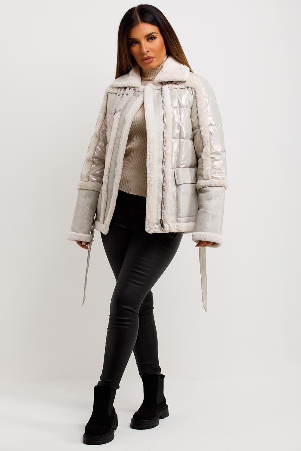 womens fur trim faux suede jacket with belt outerwear