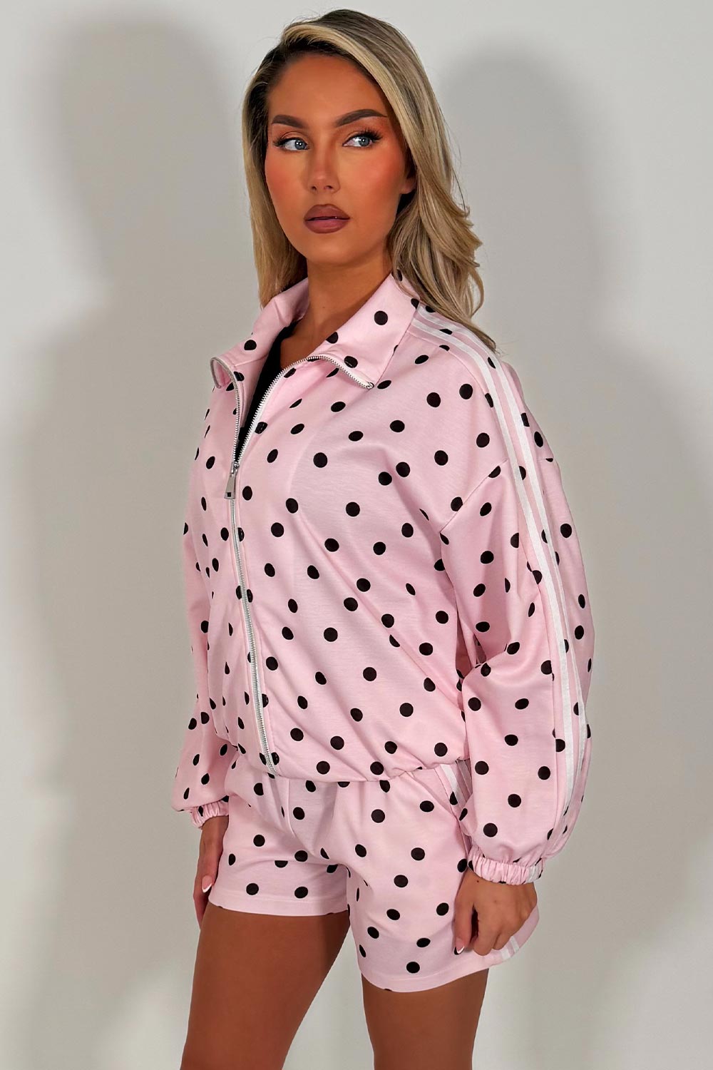 womens side stripe polka dot track jacket and shorts two piece co ord set styledup uk