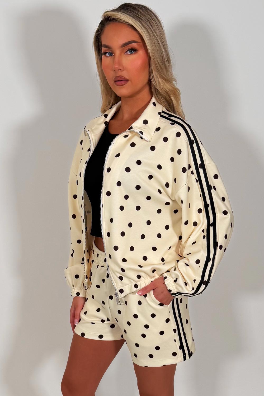 womens adidas polka dot top and shorts tracksuit summer holiday outfit perfect as airport outfit
