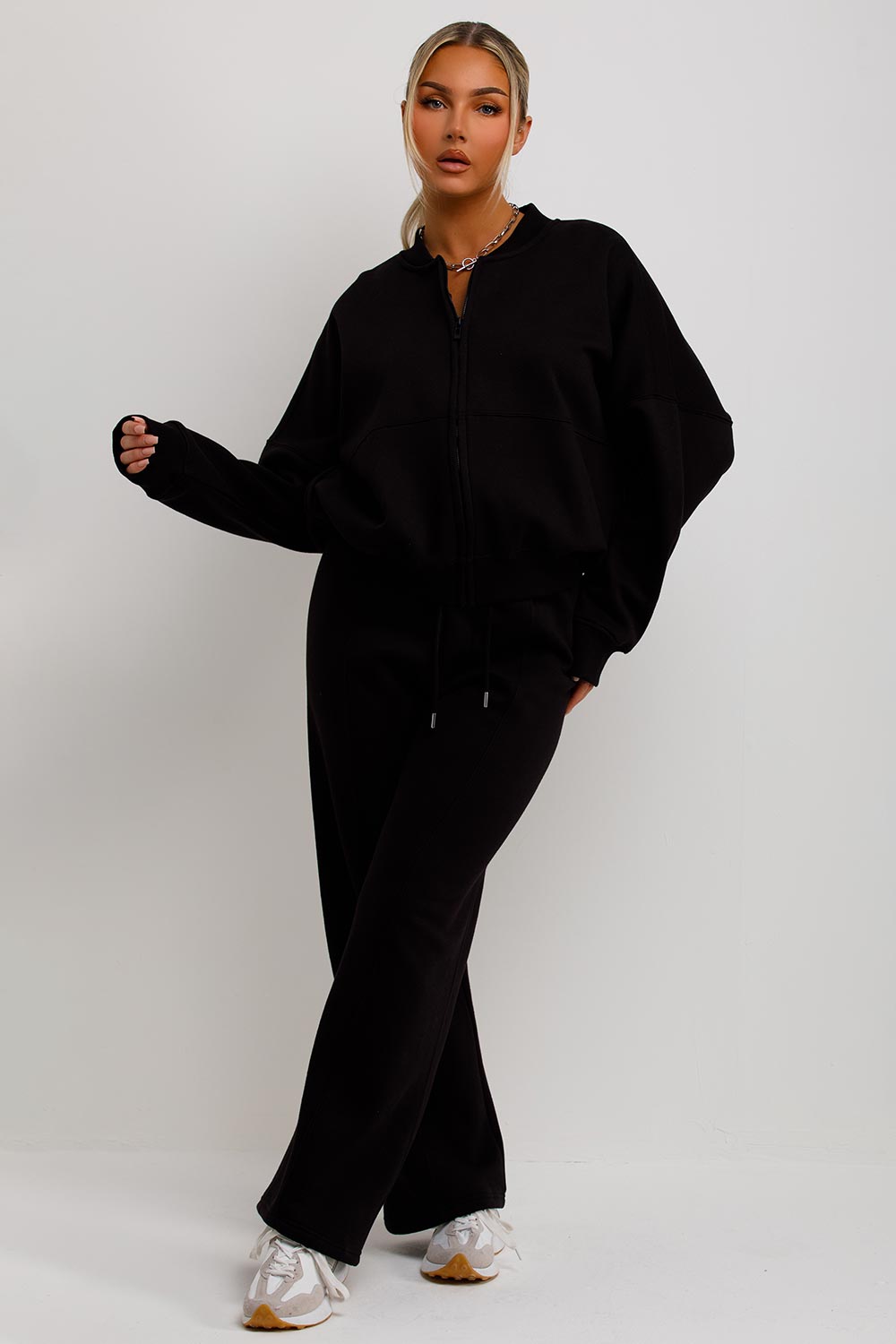 womens bomber sweatshirt with zip and straight leg joggers tracksuit two piece lounge set