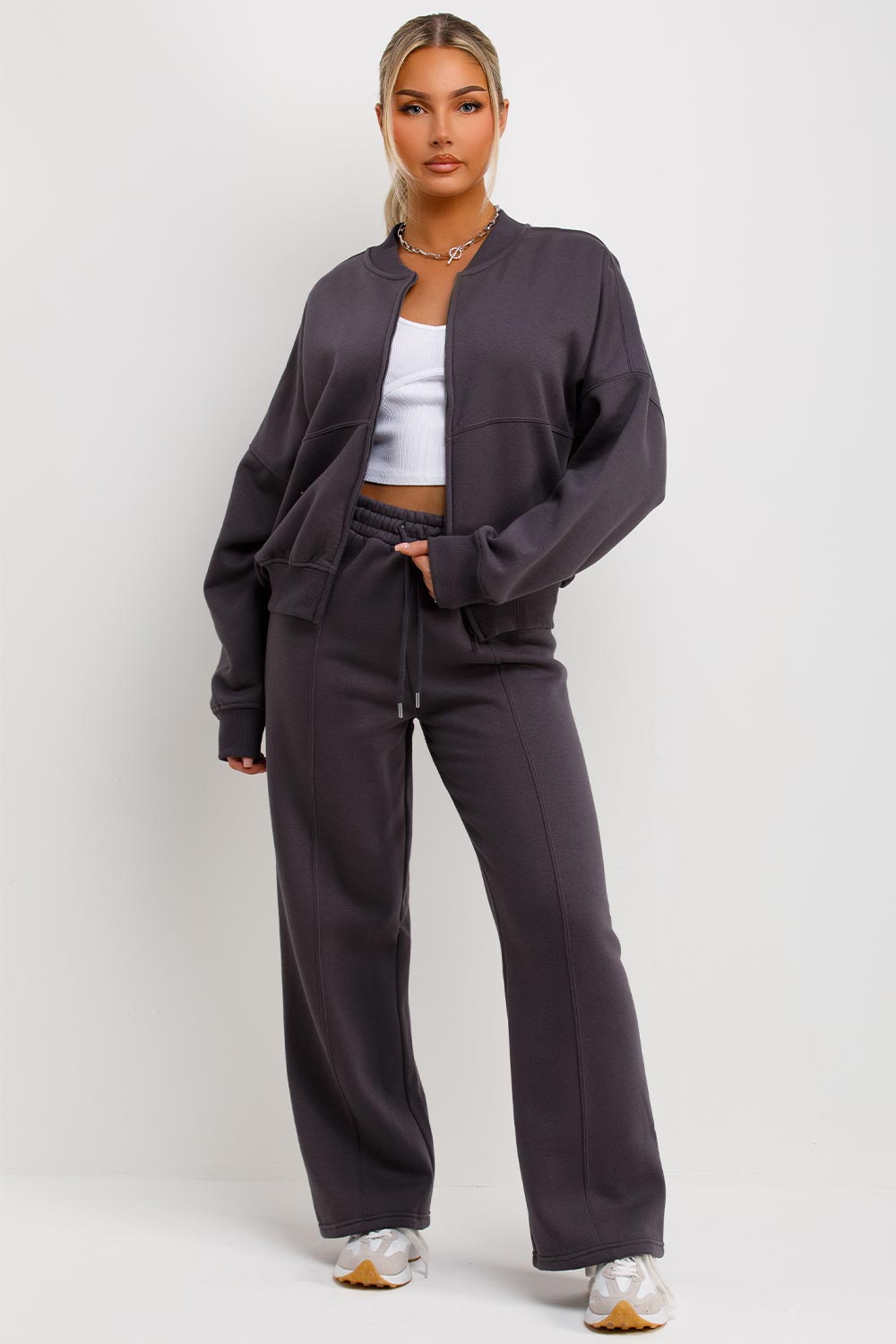 womens bomber sweatshirt with zip and straight leg joggers tracksuit set