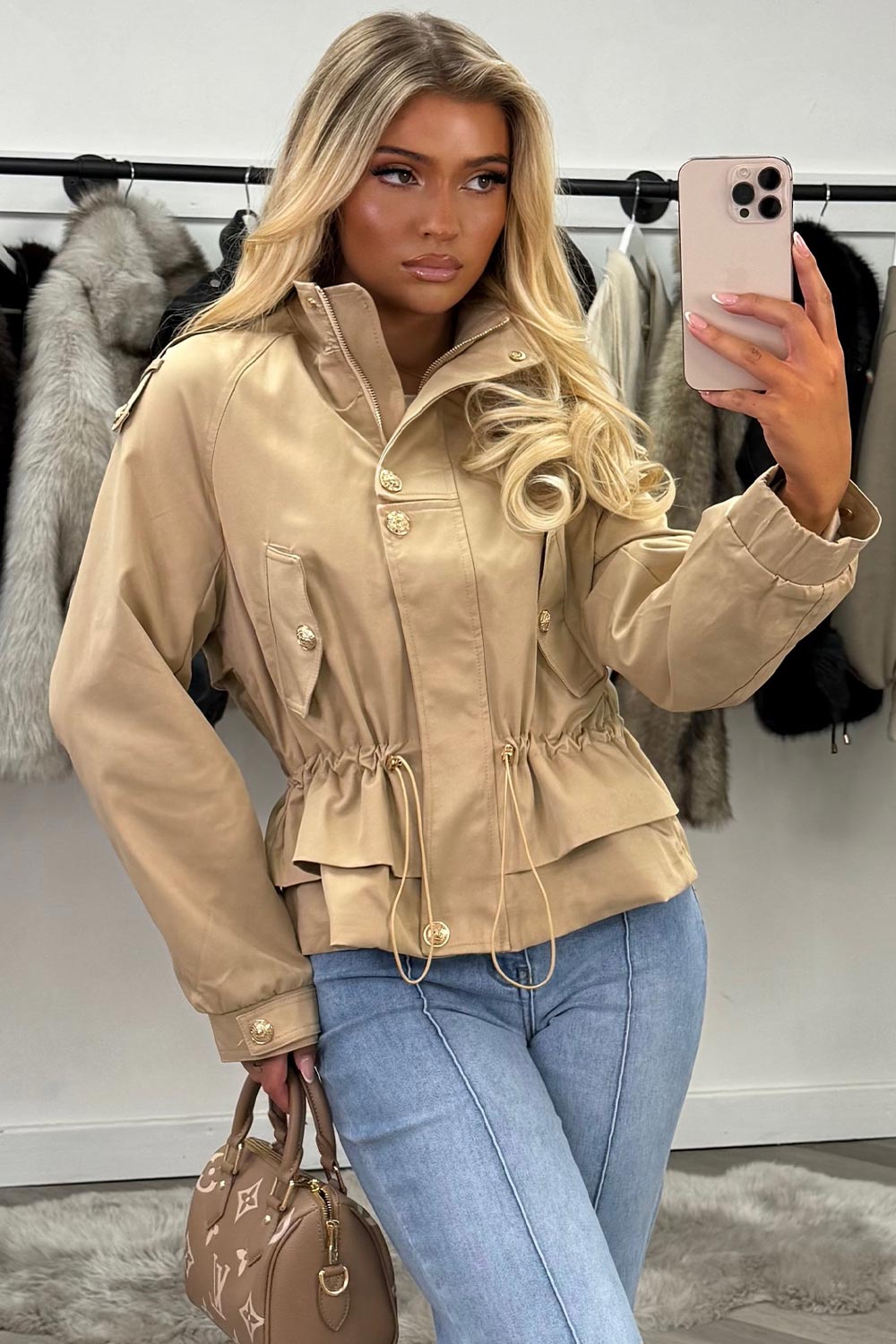 beige funnel neck jacket with drawstring waist styledup uk