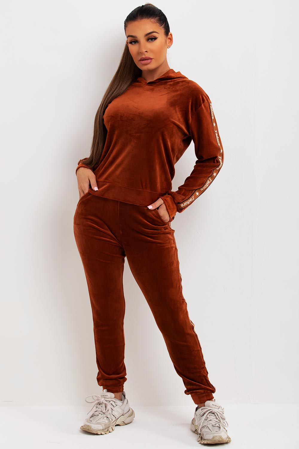 womens velour velvet hooded tracksuit with jadore slogan