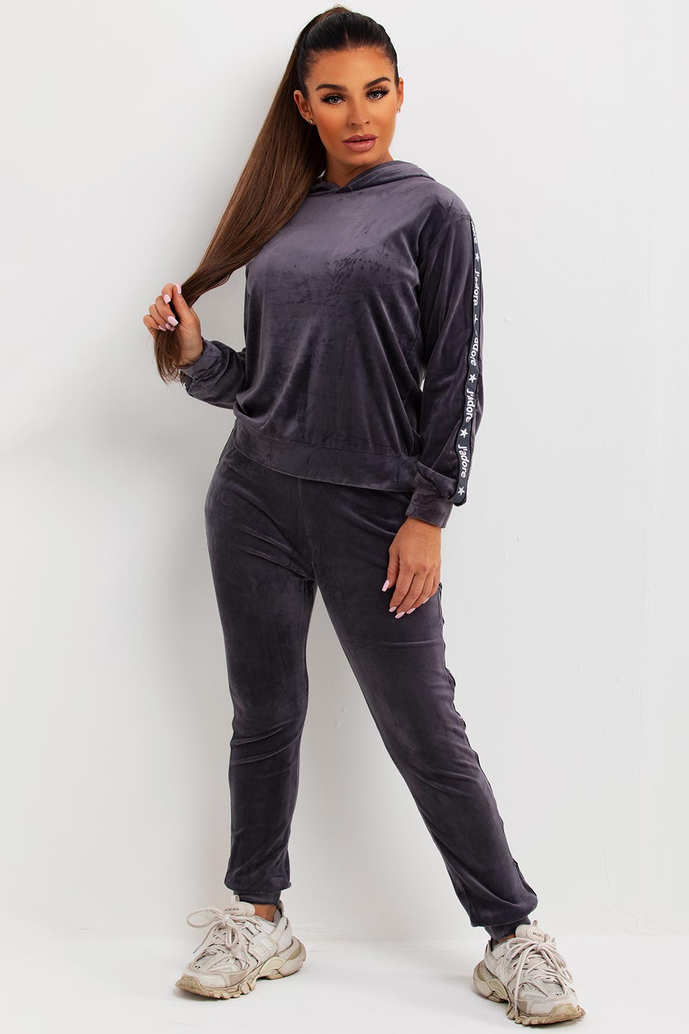 womens grey velour velvet tracksuit with hood