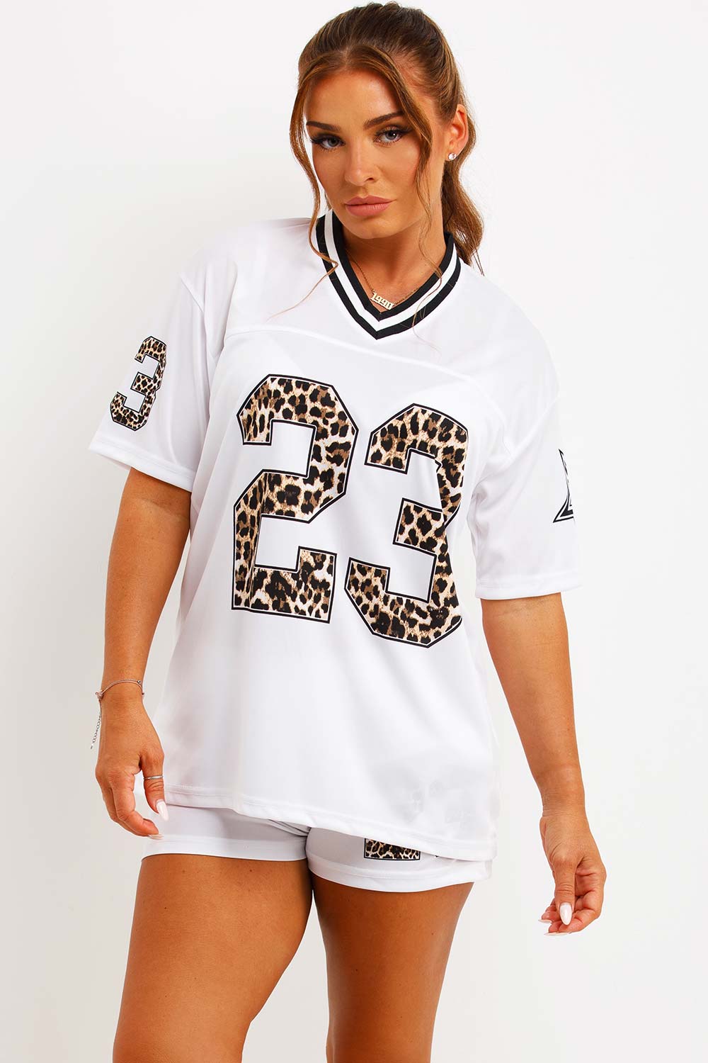 womens shorts and football jersey top with leopard print festival outfit