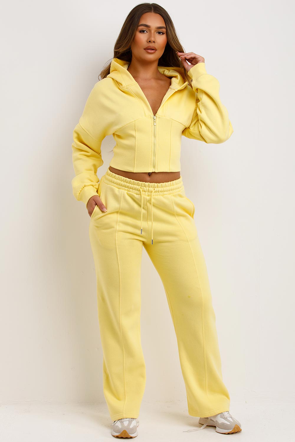 womens crop corset hoodie and joggers two piece loungewear co ord set styledup fashion airport outfit