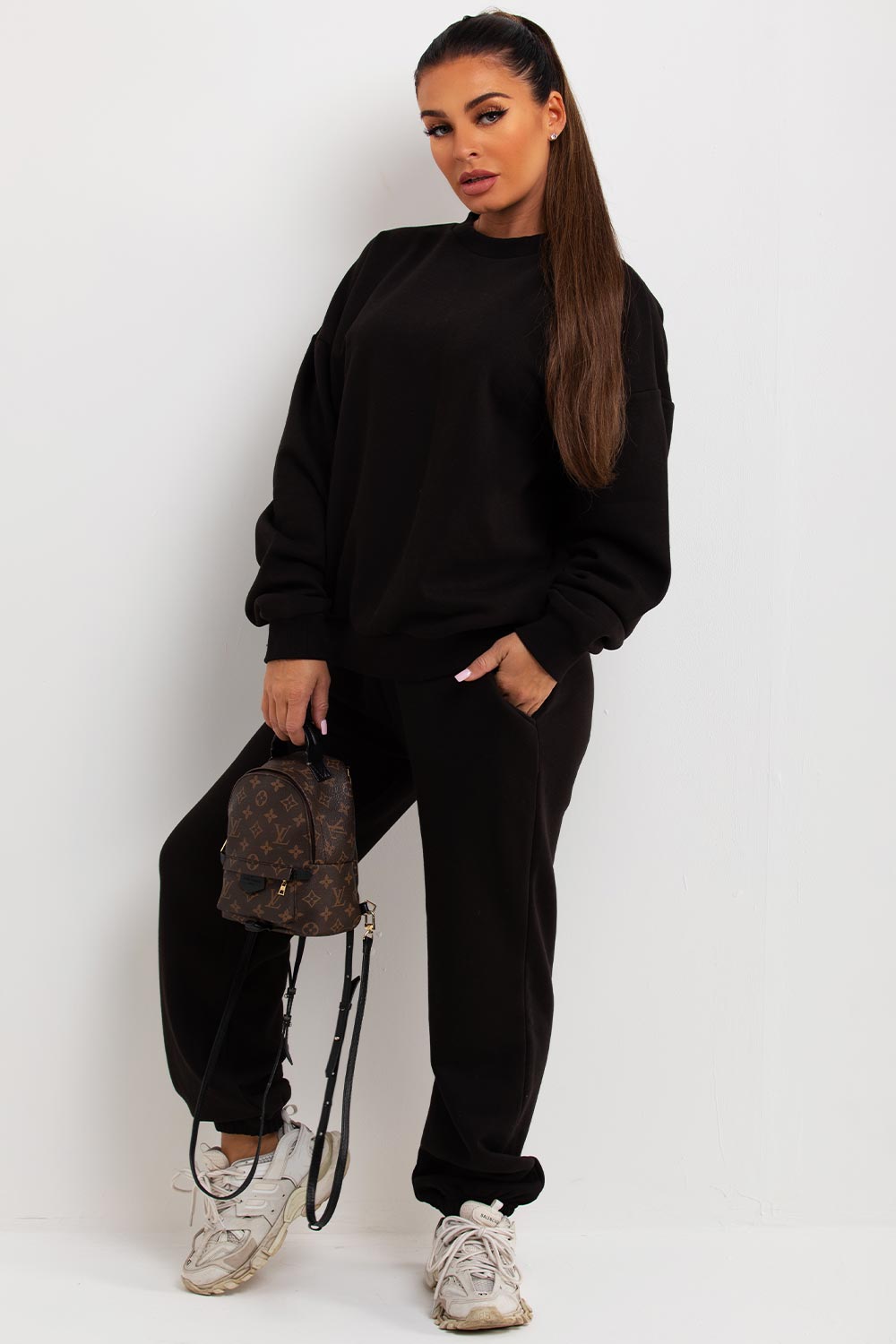 womens black sweatshirt and joggers lounge set tracksuit