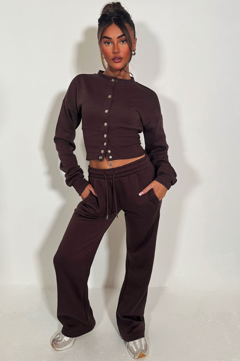 button up crop sweatshirt and wide leg joggers two piece loungewear co ord set womens styledup