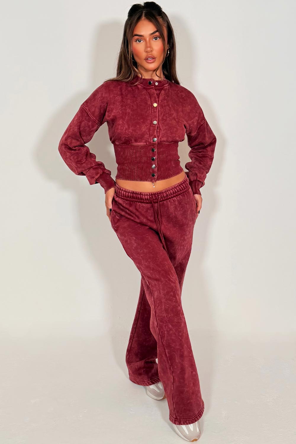 womens button up waist compression tracksuit acid wash tiktok styledup