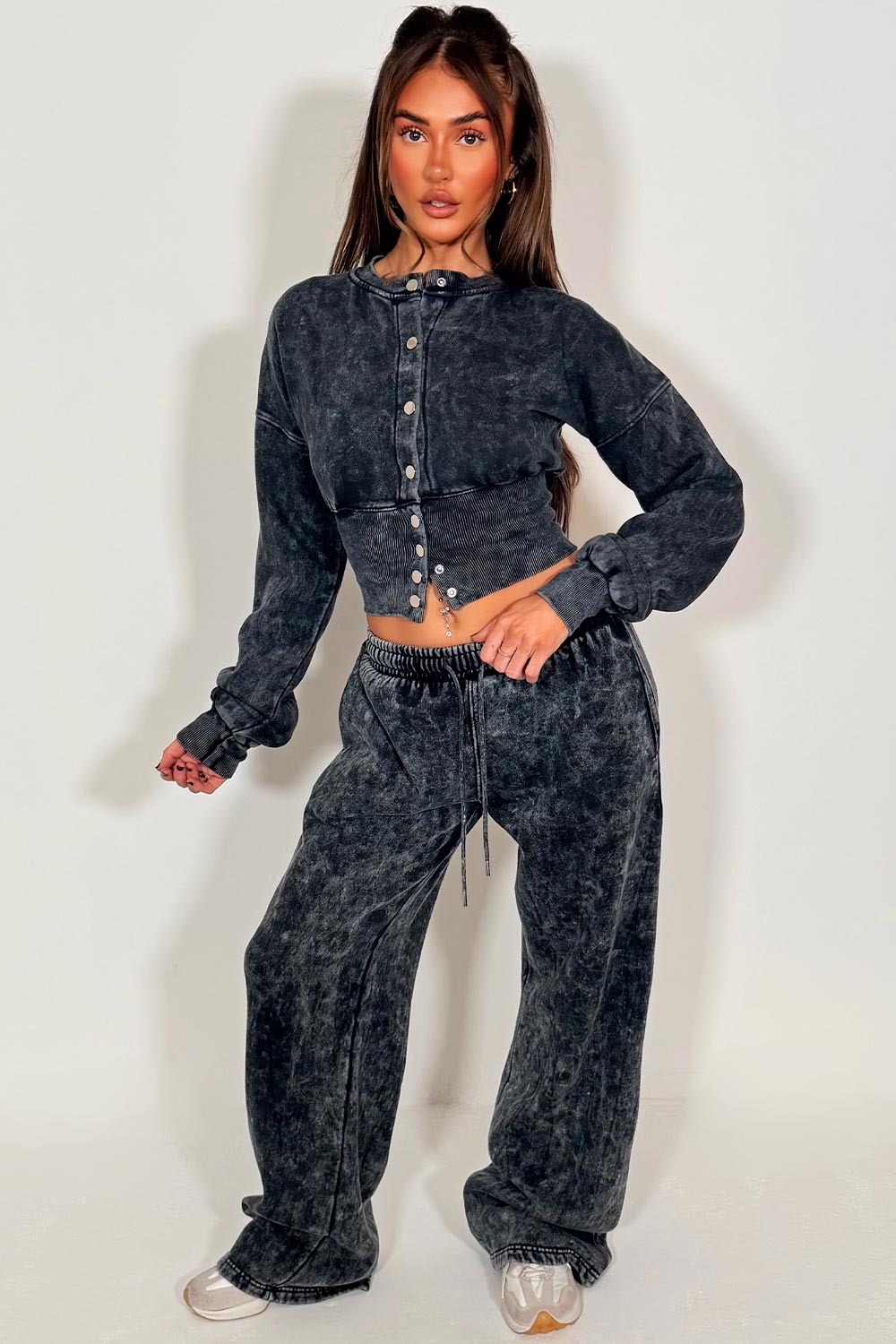 womens acid wash grey crop compress waist button up sweatshirt and wide leg jogger two piece tracksuit set loungewear co ord