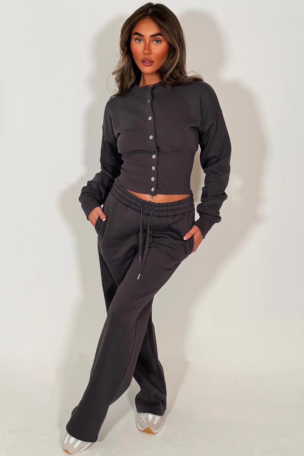 crop compress waist button up sweatshirt and wide leg jogger tracksuit set charcoal grey loungewear co ord