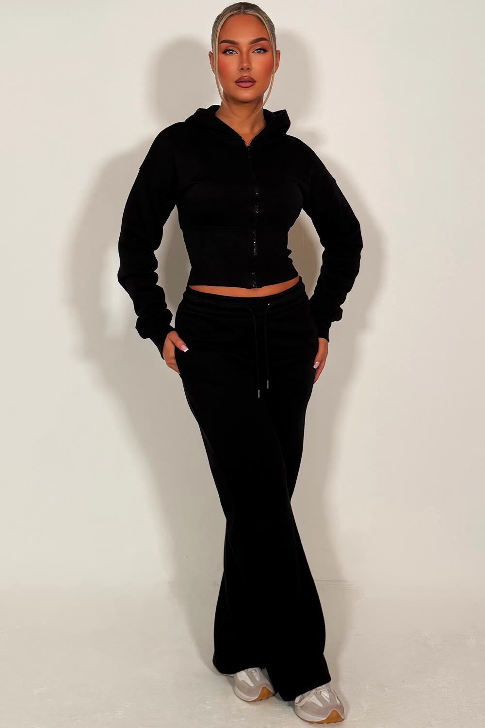 womens black joggers and crop corset cinched waist hoodie tracksuit set two piece couture club womens