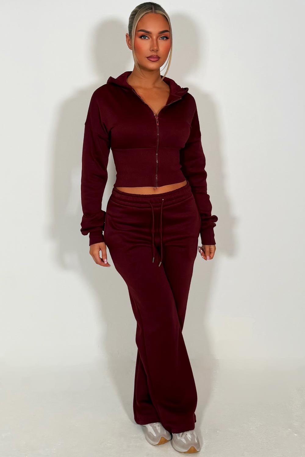 womens burgundy joggers and crop corset cinched waist hoodie tracksuit set two piece couture club womens