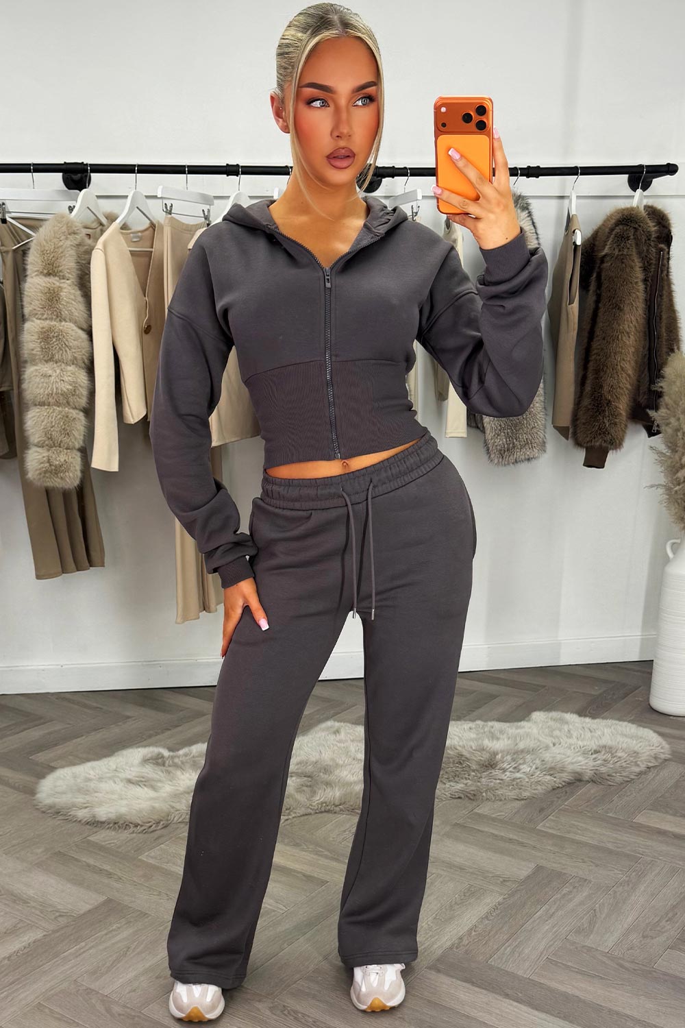 womens charcoal grey joggers and crop corset cinched waist hoodie tracksuit set two piece couture club womens