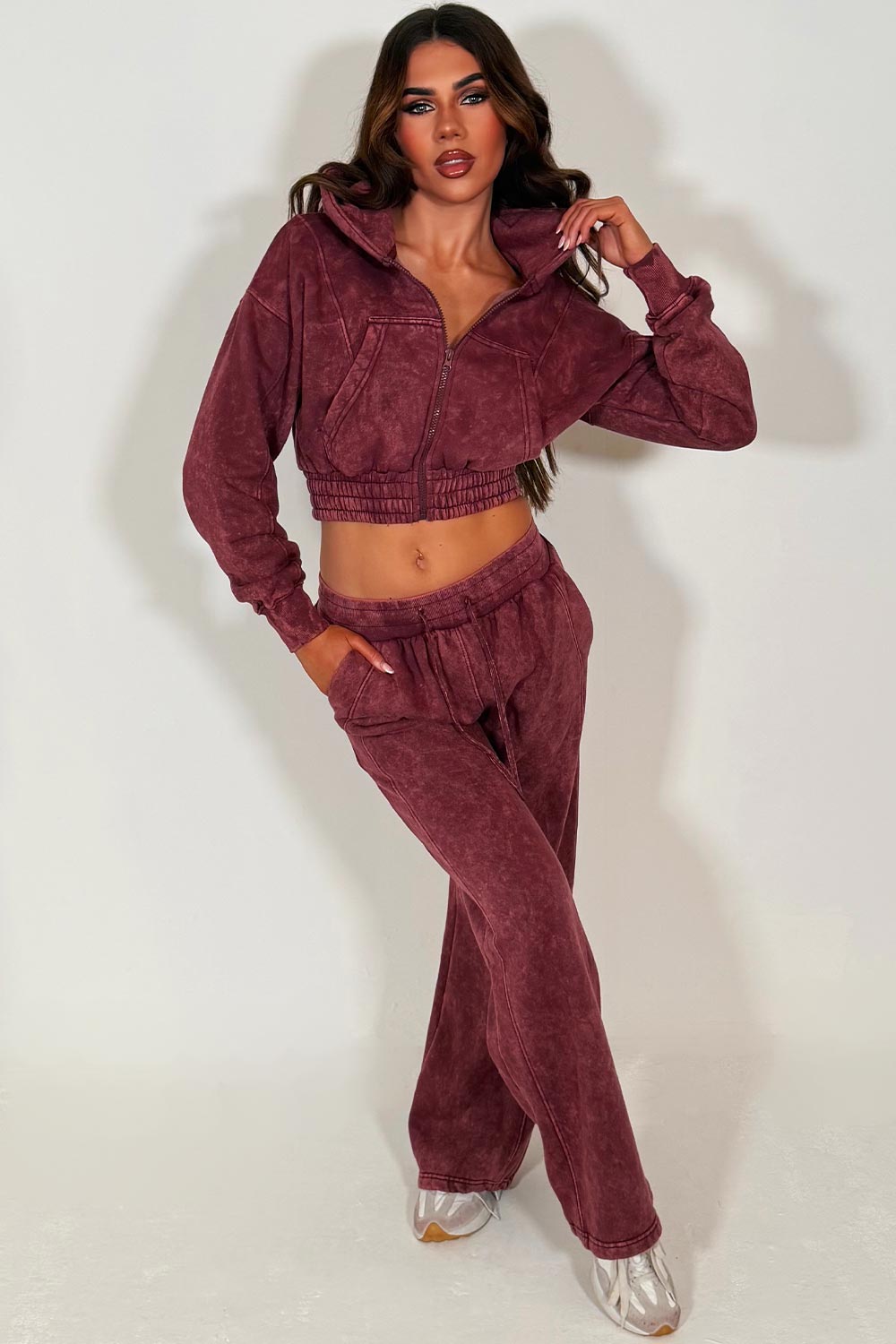 wide leg joggers and crop zip up hoodie acid wash loungewear co ord set burgundy