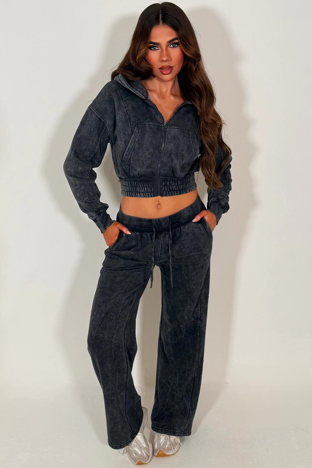womens crop zip up hoodie and wide leg joggers two piece co ord set styledup