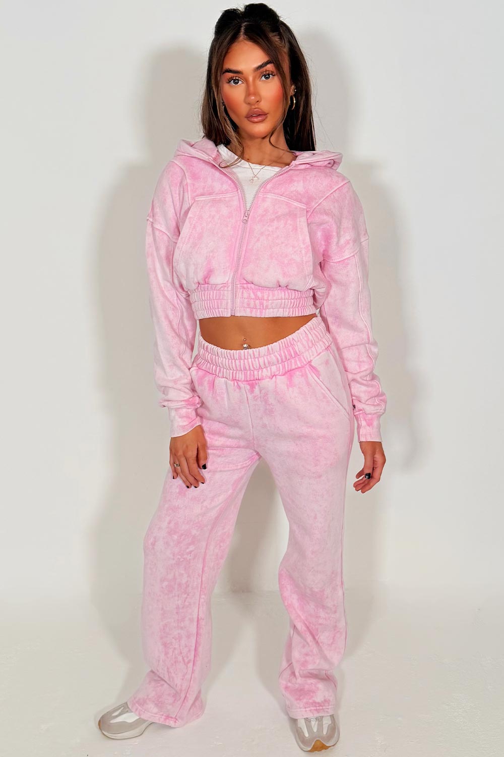 womens pink wide leg joggers and crop zip up hoodie tracksuit set styledup fashion
