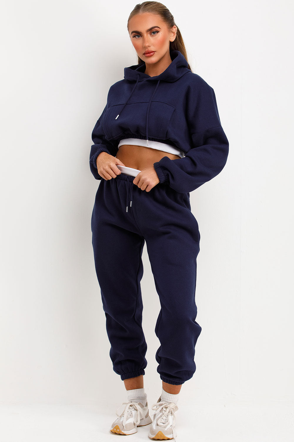 womens tracksuit crop hoodie and joggers set with rib hem