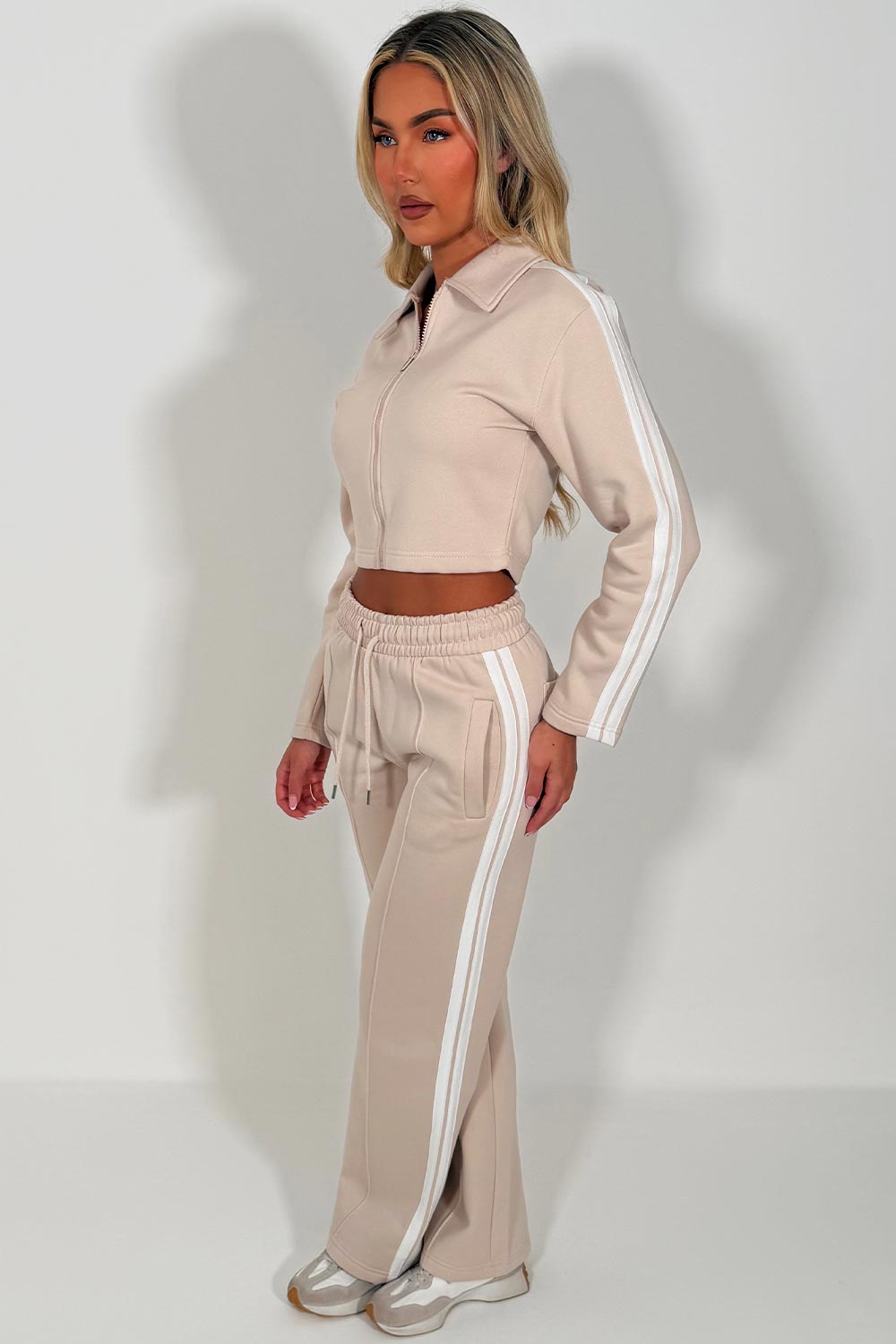 womens zip up sweatshirt and wide leg joggers with side stripes two piece tracksuit co ord set styledup white fox